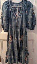 KYLA SEO Tiered Embroidered Tencel Chambray Dress Boho Hippie Floral Size L EUC