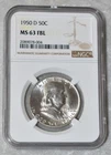 1950 D FRANKLIN HALF DOLLAR 90% SILVER NGC MS 63 FBL MS63FBL DENVER MINT US COIN