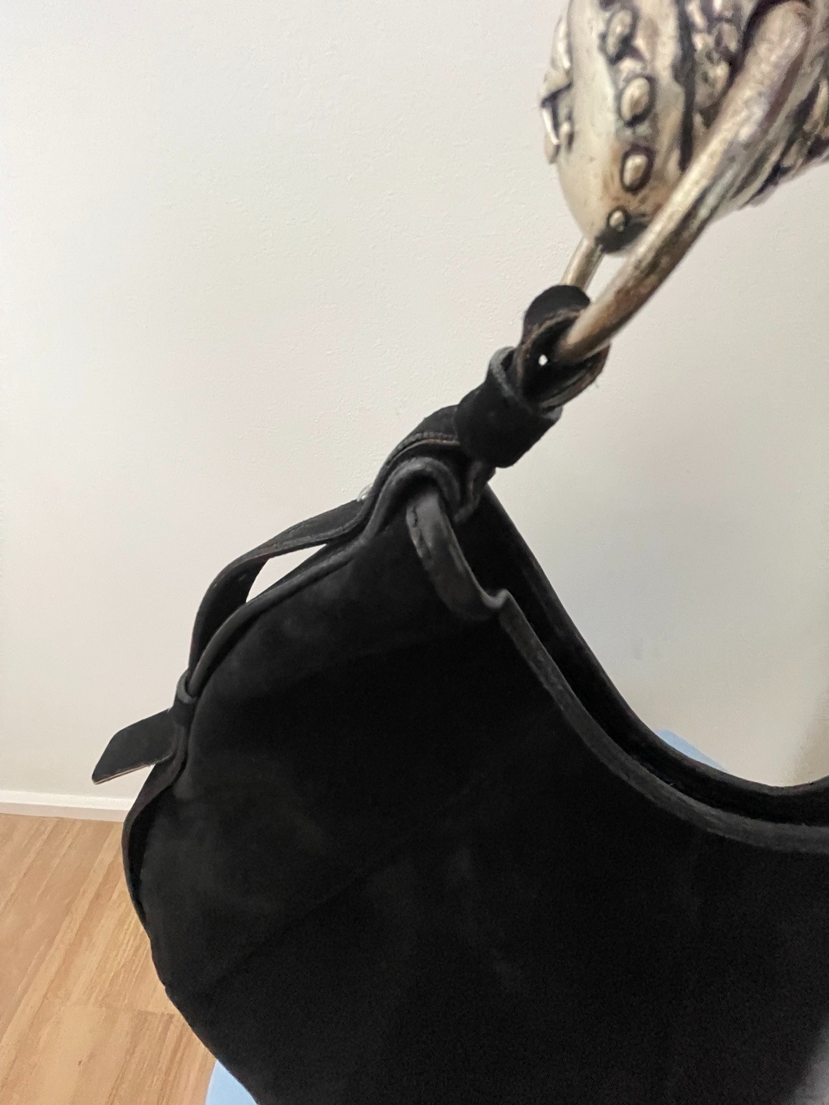 Rare Yves Saint Laurent YSL Mombasa Bag Black Suede Silver Metal Handle image 10