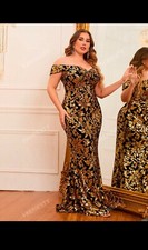Women Plus Size Off Shoulder Puff Sleeve Sequin Formal Mermaid Dress Black Gold