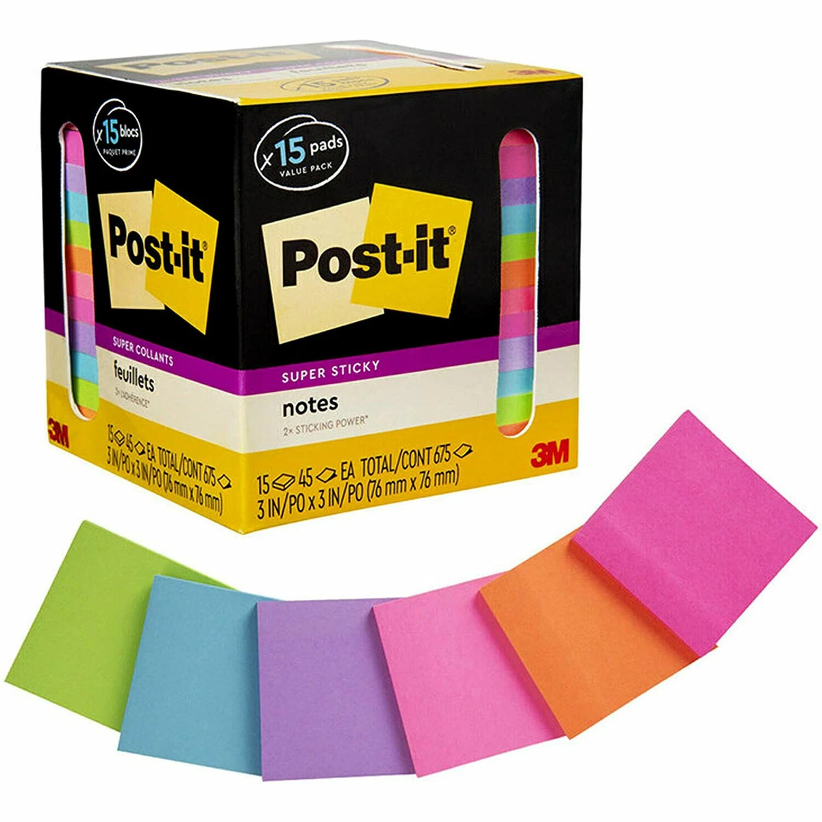 Post-it Notes 654-15SSCP Super Sticky, Assorted Bright Colors 3x3 Pk of 15  Pads