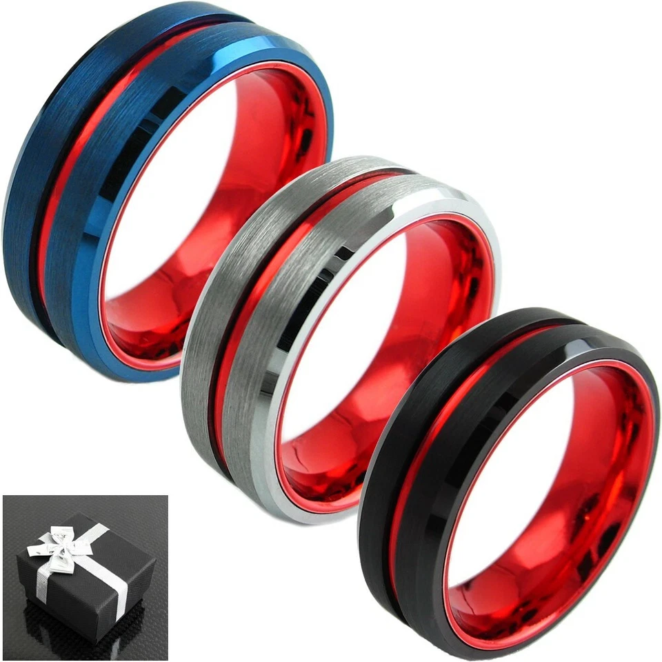 Alianza de boda grabada de 8 mm de tungsteno para hombre delgada línea roja cepillada azul plata negra Foto 2 de 3