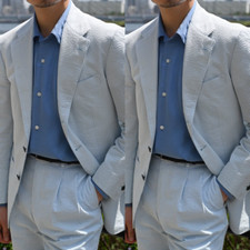 Seersucker Mens' Suits Casual Daily 2Pcs Business Summer Formal Jacket Blazer
