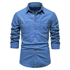 Men's Denim Shirt Casual Slim Fit Shirts Workwear Long Sleeve Button Down Blouse