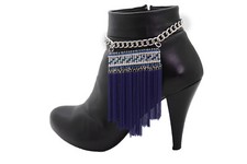 Women Silver Metal Chain Boot Bracelet Shoe Blue Tassel Beads Charm Native Style