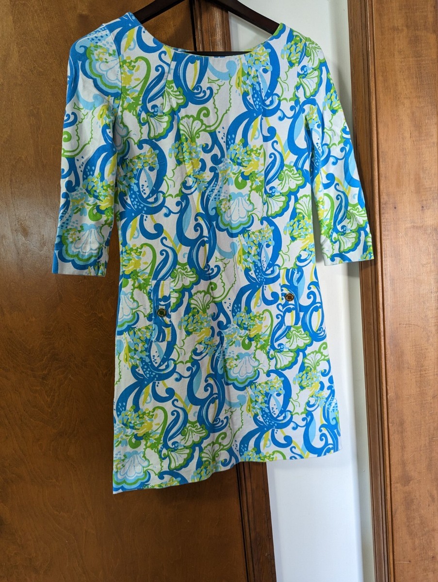 Lilly Pulitzer Charlene Crystal Coast Dress Blue And Green Gold Buttons  Size XS