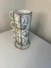 Pier 1 One Imports White and gold  4 Stackable Coffee Tea Mugs Cups w/Metal Rack