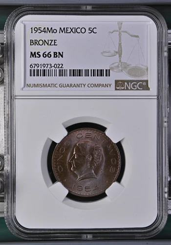 1954 Mo Mexico 5 Centavos Bronze NGC MS 66 BN