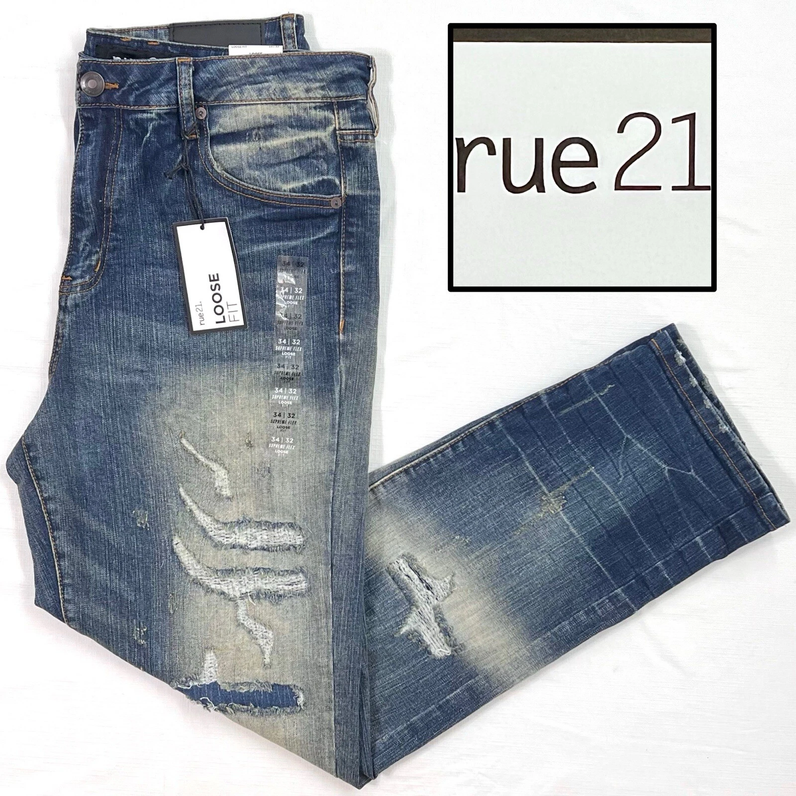 Pantalon jean homme taille 34x32 neuf avec étiquette RUE21 Supreme Flex coupe ample vieilli denim foncé