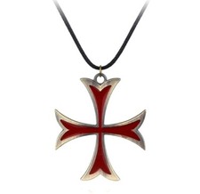 COLLAR CORDÓN COLGANTE CRUZ HIERRO PELTRE CRUZ MALTESA CABALLERO TEMPLARIO VINTAGE ROJO