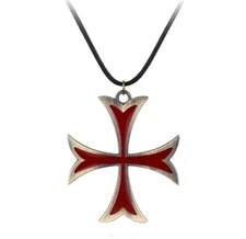 Vintage Knight Templar MALTESE CROSS IRON CROSS PEWTER PENDANT CORD NECKLACE RED