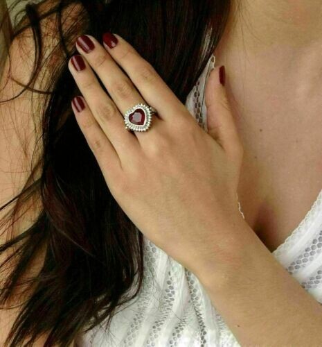 3Ct Heart Lab Created Red Garnet Diamond Halo Women's 14K Gold Plated - Picture 2 of 5