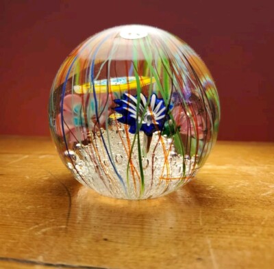 Ferro & Lazzarini Murano Art Glass Paperweight Flowers Streamers Bubbles Italy
