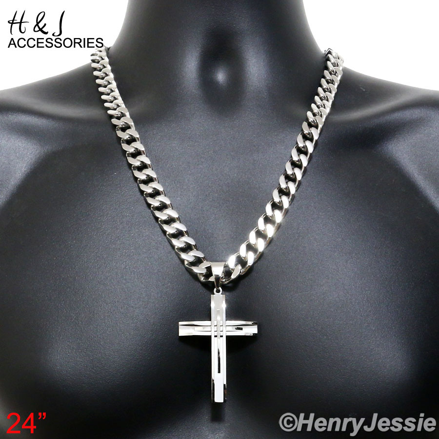 24"30"36"Stainless Steel 11mm Silver Cuban Curb Chain Necklace Cross Pendant*P11