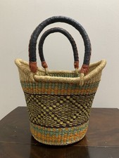 Beautiful Handwoven Basket Tote with Leather Handles 15  In Great Condition.