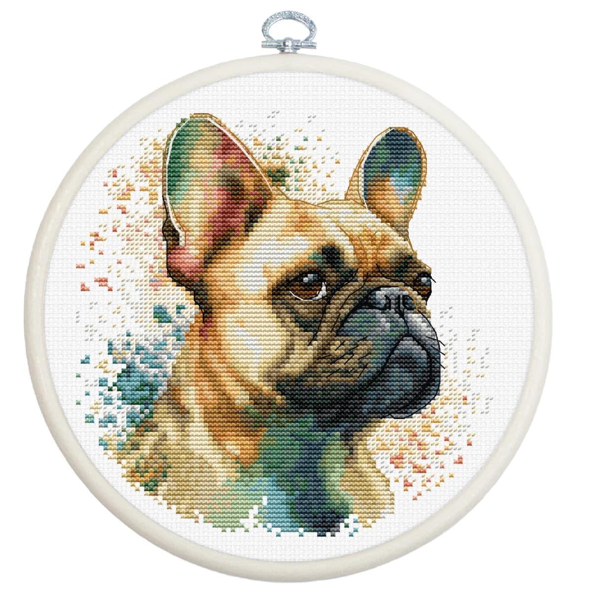 Luca-S counted cross stitch kit with hoop ""The French Bulldog"", 15x15cm, DIY