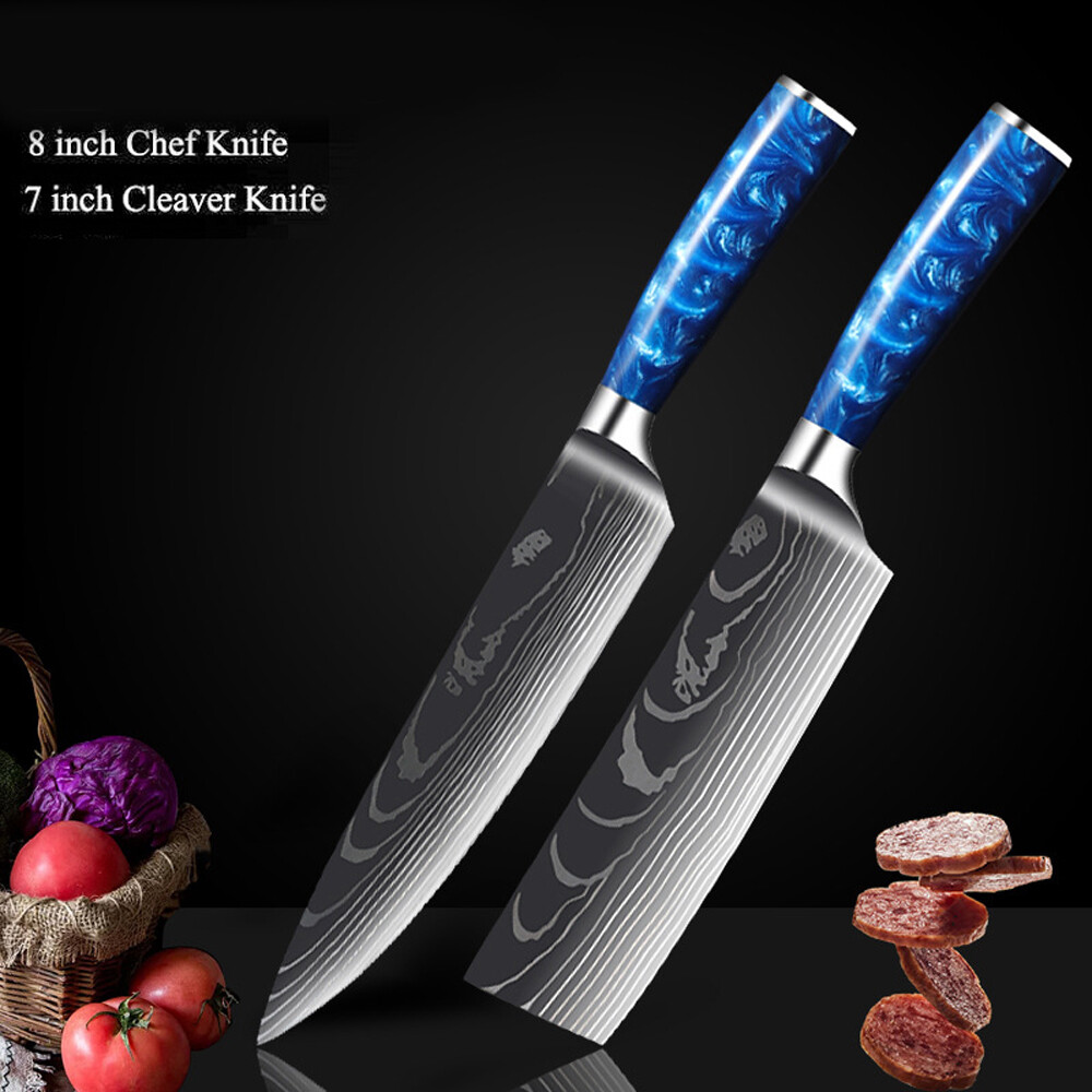 12PC Blue Kitchen Knife Set Japanese Damascus Pattern Chef Knife Block
