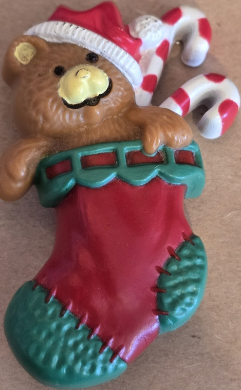 Hallmark 1985 Christmas Bear Stocking Brooch Pin Candy Canes Multicolor Plastic