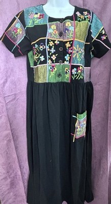 MICHAEL SIMON Vtg Cotton Maxi Dress Embroidered Pocket Flower Buttons Modest NWT
