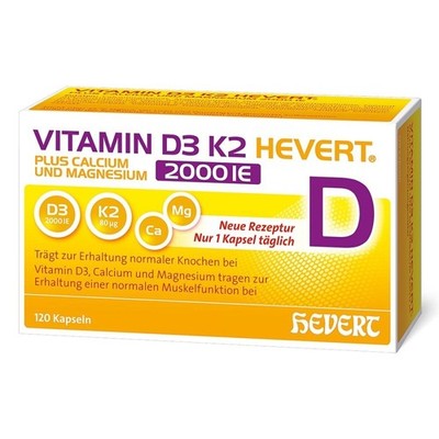 Vitamin D3 K2 Hevert + Calcium und Magnesium 2000 IE Kapseln 120 St PZN 19295699