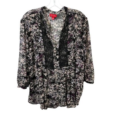 Elle Plus Size 2X Top Floral Lace Black Purple Semi Sheer Whimsigoth Boho 1301