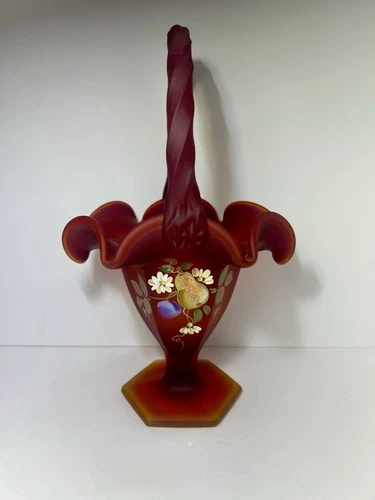 Fenton Vintage Ruby Red Glass 9” Basket Vase Hand Painted Flowers Artist Signed