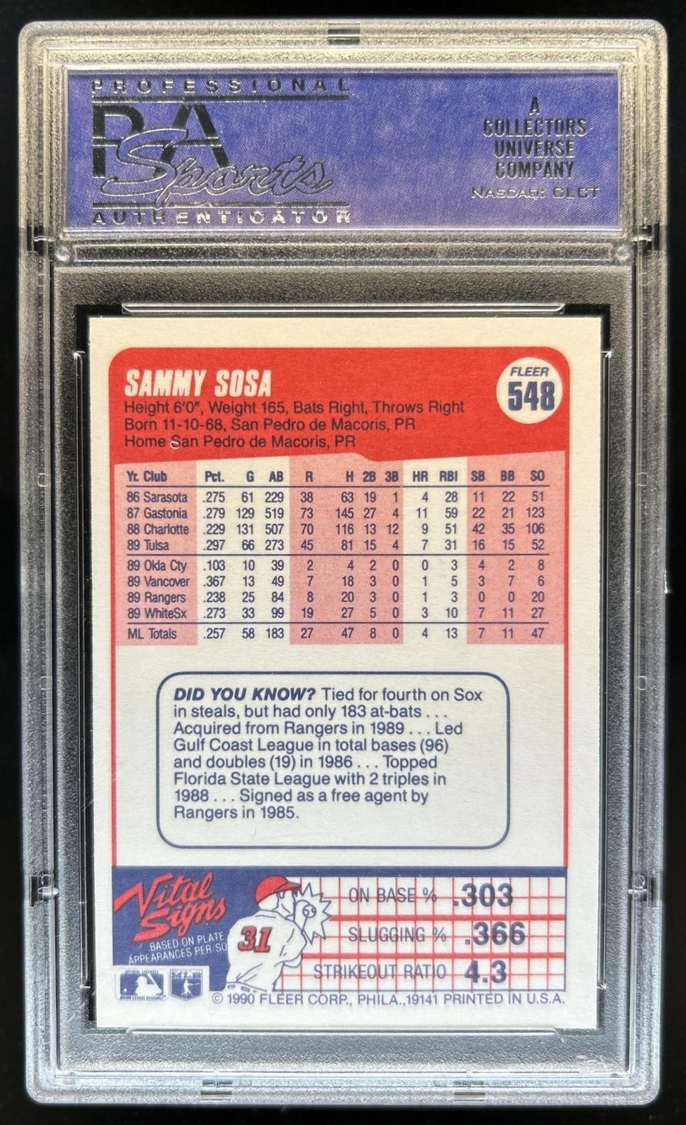 1990 Fleer Sammy Sosa Rookie RC #548 White Sox PSA 9 view 2