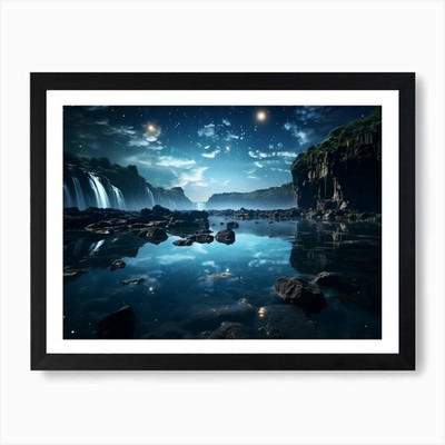 Wasserfall bei Nacht Kunstdruck gerahmt Wandbild Poster Leinwanddruck Bild