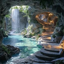 5D Diamond Painting Kits for Adults, Cave Landscape with Waterfall KM350-1