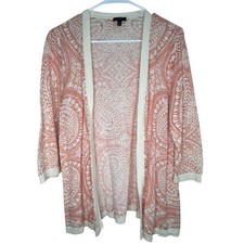 Talbots Coral,White Open Cardigan Women’s Linen Blend Sweater Sz LP Cottagecore 