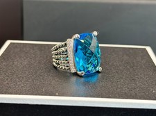 David Yurman Sterling Silver 20x15mm Wheaton Pave Blue Topaz Ring Sz 7