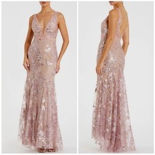 NWT Mac Duggal Pink Floral Embellished Sleeveless Plunge Neck Gown Rose Pink 14