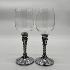 BRIGHTON WINE GOBLET GLASS CELEBRATION ORNATE PEWTER STEM 8", Set Of 2