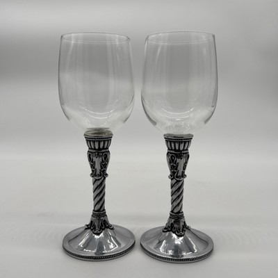 BRIGHTON WINE GOBLET GLASS CELEBRATION ORNATE PEWTER STEM 8'', Set Of 2