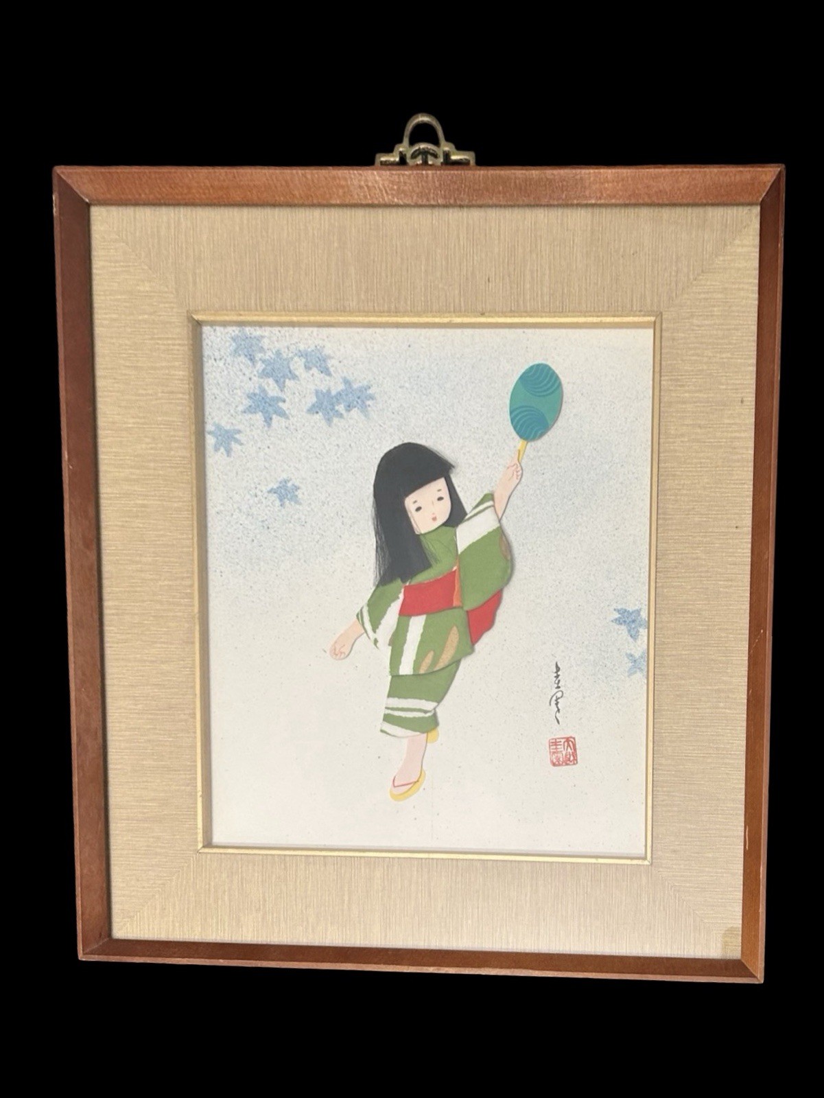 VTG Japanese Oshie Silk Fabric 3D Wall Art Happy Girl in Kimono Playing Framed