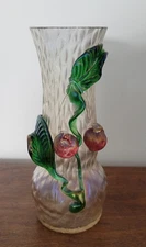 Antique Bohemian Kralik Iridescent Art Nouveau Glass/w Fruit Vase 6 1/2" 