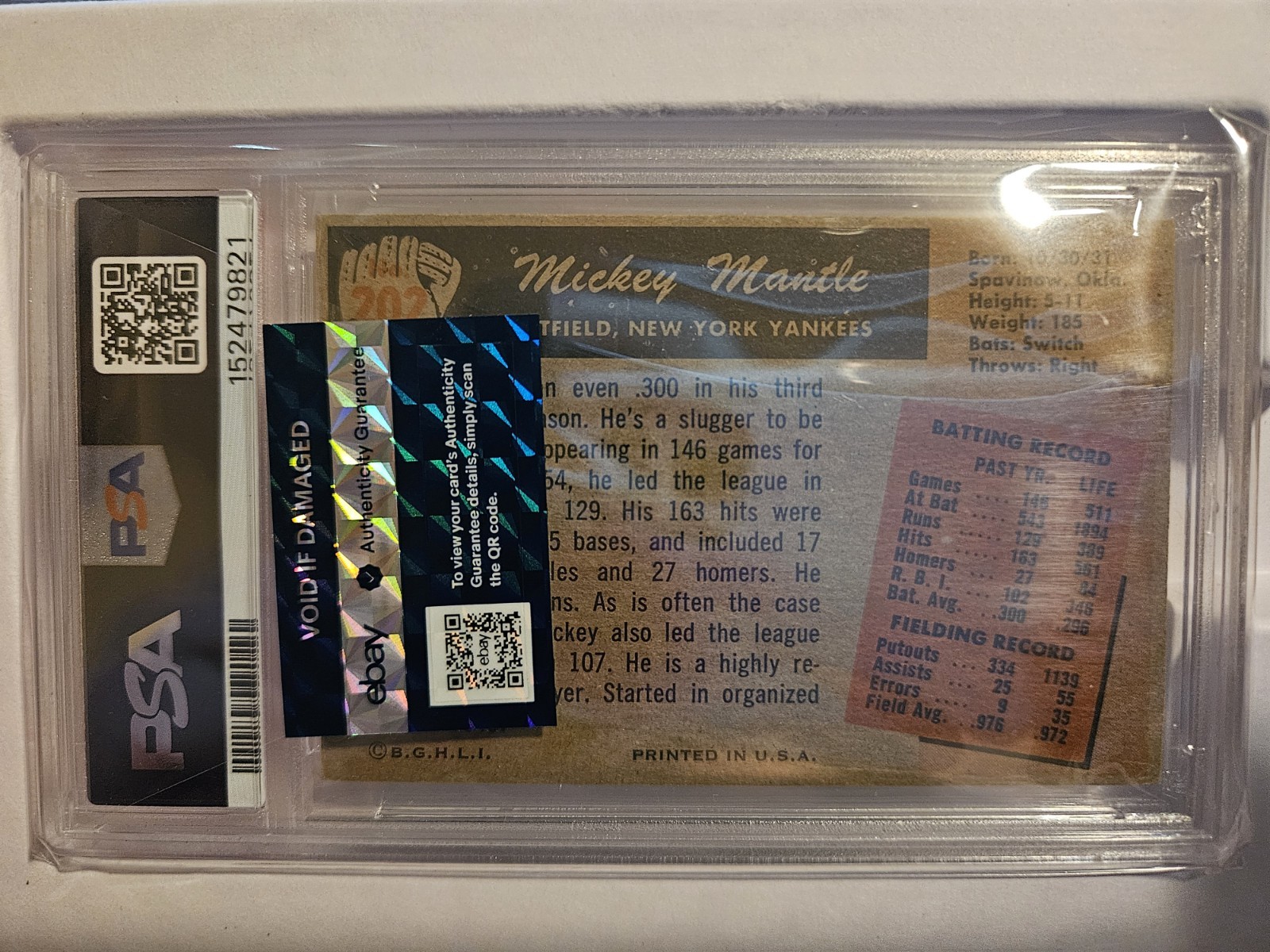 1955 Bowman - Mickey Mantle PSA5 EX #202 view 2