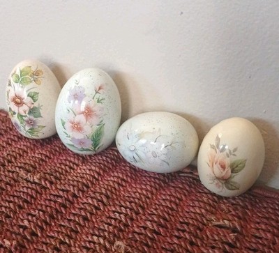 Vintage Hand Painted Porcelain Eggs Cracked Egg Opening Backs Floral  Set of 4 