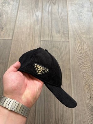 Prada Black Velvet Baseball Cap Tessuto Side Triangle Center Logo