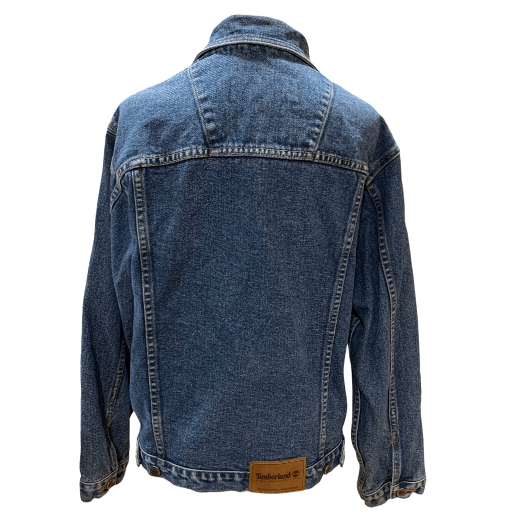 Timberland VTG 90s Jean Jacket Leather Trim Mid Wash Blue Western