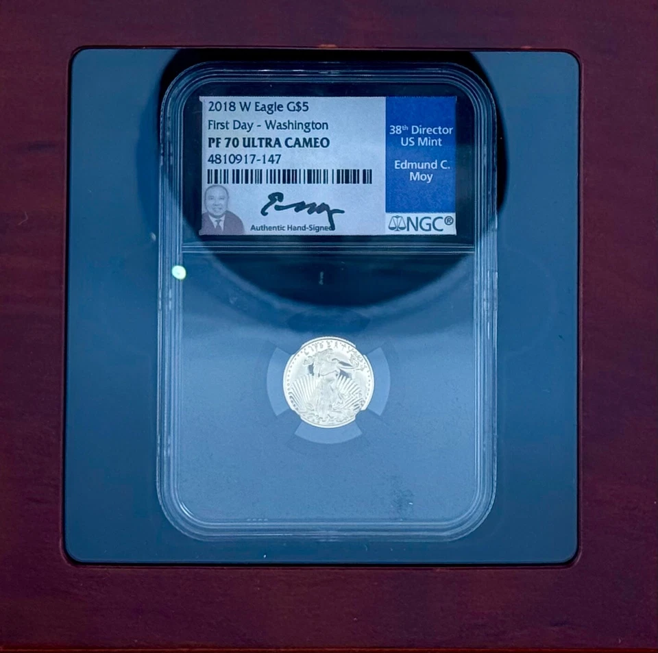 American Gold Eagle 2018-W $5 NGC PF 70 FDI firmado por Ed Moy Foto 3 de 4