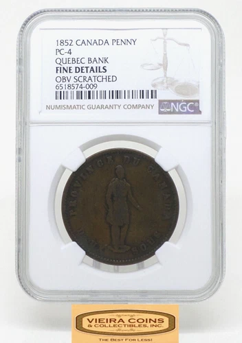 1852 Canada Penny PC-4 Quebec Bank, NGC F Details - #B29367