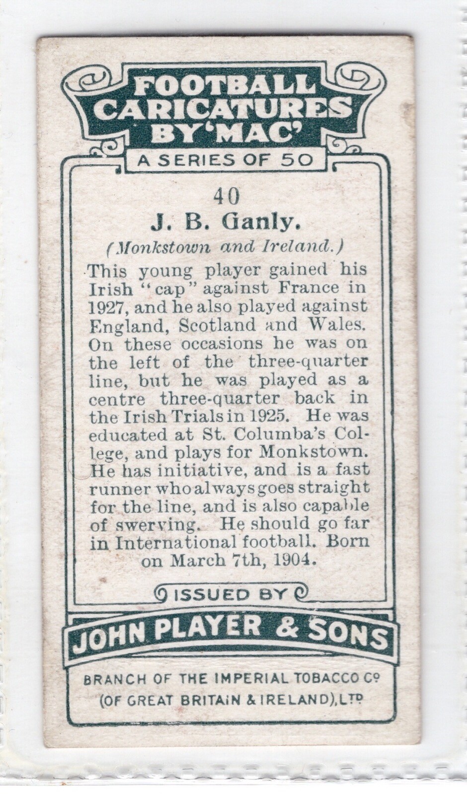 Football (Rugby Union) cigarette Card 1927 40 JB Ganly Monkstown