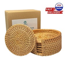 Handmade Rattan Drink Coasters, Woven Wicker Straw Trivet, Set of 6 with Holder