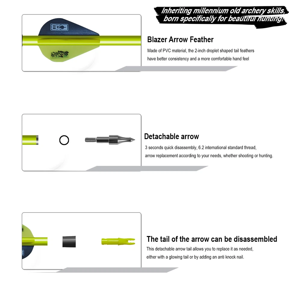 31" Pure/Mixed Carbon Arrows 2" Vane Spine 350-500 Compound Recurve Bow Hunting - Image 4 of 4