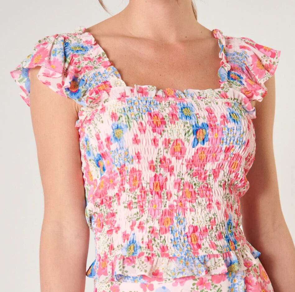Sugarlips Crop Top Womens Large Pink Floral Smocked Coquette Feminine Romantic-image