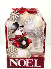 Noel Christmas Glitter Snowflakes Snowman Hanging Wood Sign 13.5"