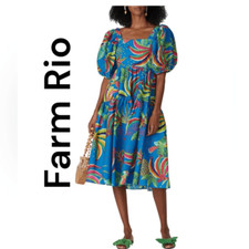 NWT FARM Rio Blue Banana Midi Dress Size S