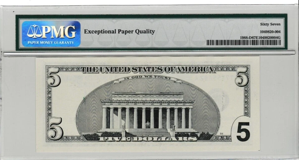 2001  $5  Federal Reserve Note  Serial Number CD 77555682 A Cleveland PMG 67 - Image 3 of 3