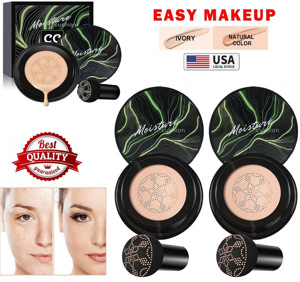2× Air Cushion CC BB Cream Concealer - Moisturizing Foundation With Mushroom Head Applicator, Natural & Ivory Shades